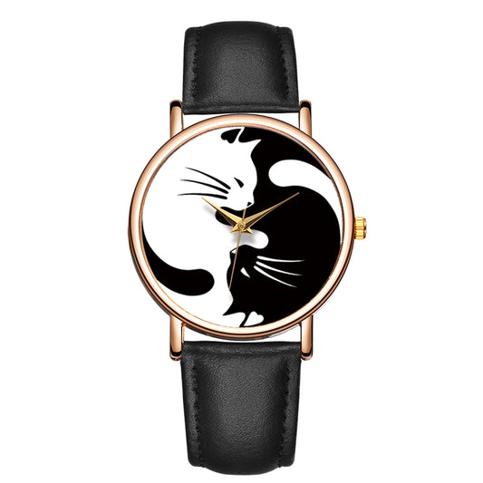 Kattenhorloge Yin Yang zwart - Echt leer