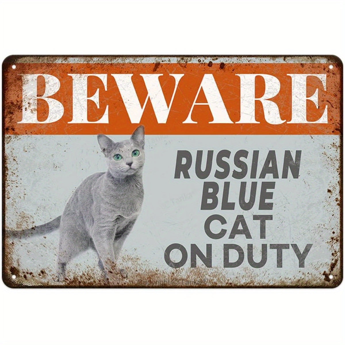 Metalen wandbord Blauwe Rus: Pas op, waakzame kat in de buurt!
